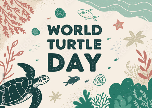 World Turtle Day illustration with sea turtle and ocean elements on beige background