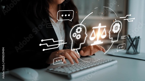 Принти на полотні Business professional analyzing ethical implications of artificial intelligence while using keyboard with digital graphics representing balance and dialogue Gluon