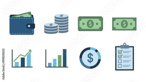 Financial Icons: A collection of financial icons, including currency and money symbols, charts, graphs, a wallet, coins, dollar bills and a notepad, representing financial concepts. 