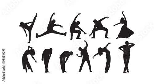 Set of human silhouettes performing various dance poses and athletic movements isolated on clean white background area.
