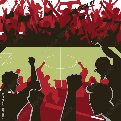 Modern Football Stadium at Night with Bright Searchlight Illumination: Professional Soccer Arena Field Background Illustration for Sports Championship and Tournament Match Design.