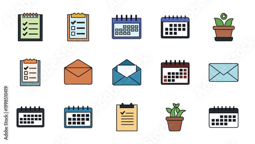 Collection of Checklist, Calendar, and Mail Icons: A visually appealing compilation of icons featuring checklists, calendars, and mail envelopes, ideal for representing organization, planning.