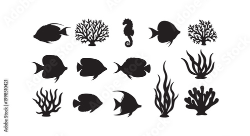Set of silhouettes of tropical sea animals and corals for underwater marine life concept design isolated on white background.