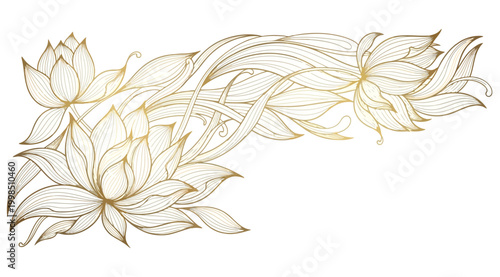 Golden lotus flower illustration with flowing lines, decorative floral element