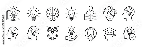 Knowledge and creativity icon set including brain, light bulb, graduation and learning symbols, vector illustration for education, innovation and smart thinking concepts.