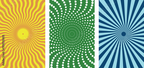 Sunburst and spiral dot patterns in vertical layout set featuring yellow green and blue palettes