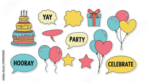 Festive Party Elements: A delightful assortment of colorful party elements, including a celebratory cake, balloons, gift box and vibrant speech bubbles.