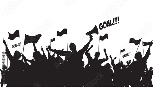 Silhouette of Excited Sports Fans Shouting Goal with Megaphone and Flags: Dynamic Crowd Celebration Illustration for Stadium Events Football Matches and Victory Festivals