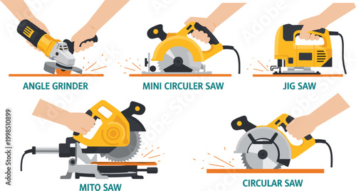 Vector illustration of various power saws including angle grinder, mini circular saw, jig saw, and circular saw, designed for DIY and construction themes.