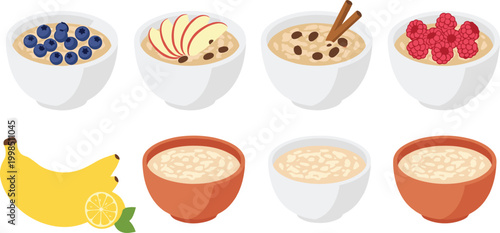 Vector illustration of oatmeal bowls with various fruit toppings like blueberry, banana, apple, cinnamon, and raspberry, in a clean, minimalist design.