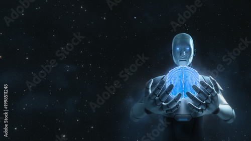 Quadro su tela Robot holds glowing brain, showing technology and artificial intelligence control mind concept