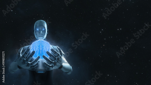 Obraz na płótnie Robot holds glowing brain, showing technology and artificial intelligence control mind concept