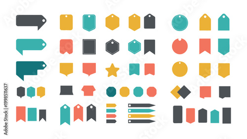 Colorful Label Set for Visuals: A vibrant array of diverse shapes and sizes, perfect for adding a touch of flair to your projects, designs, or presentations, creating visual appeal