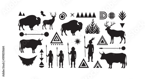 Set of tribal vector illustration elements featuring ancient symbols animals and human figures for authentic designs.