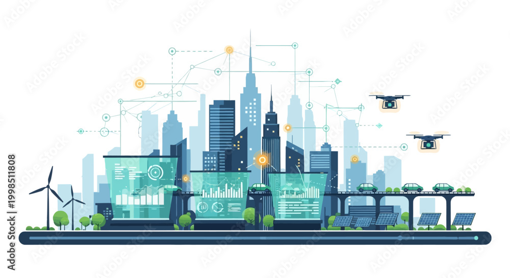 Naklejka premium A futuristic cityscape with skyscrapers and wind turbines under a network of data points and drones flying overhead.