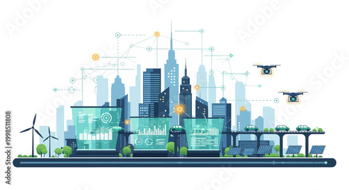 A futuristic cityscape with skyscrapers and wind turbines under a network of data points and drones flying overhead.
