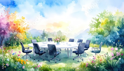 Outdoor office meeting table with chairs in beautiful watercolor garden landscape. business concept, nature workspace, office meeting, business meeting, nature office.