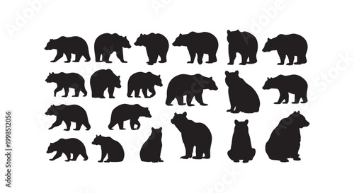 Set of various black bear silhouettes showing different standing walking and sitting postures isolated on white backdrop.