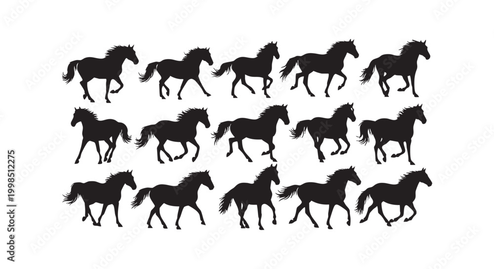 Fototapeta premium Set of various running horse silhouettes capturing motion and energy isolated on white background for creative design projects.