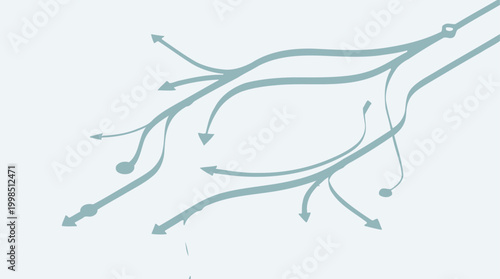 Minimalist graphic illustration depicting a complex network of branching lines with directional arrows, symbolizing interconnected pathways, information flow, and system dynamics