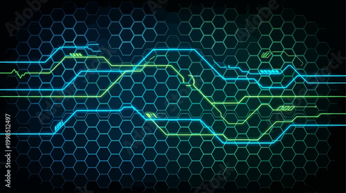 Abstract futuristic data streams with glowing lines on a hexagonal grid, illustrating advanced technological networks and digital information flow