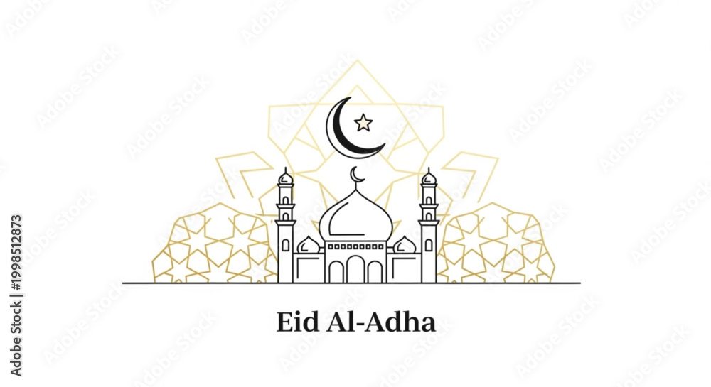 Naklejka premium Islamic mosque with crescent moon and star traditional geometric pattern Eid Al-Adha greeting card design vector illustration