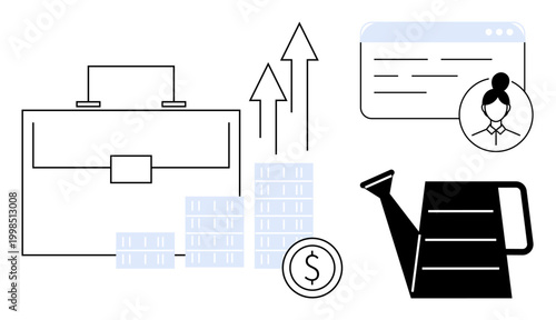 Business strategy, financial growth, investment planning, entrepreneurship, nurturing ideas, career development. Graphic with briefcase, arrows coins watering can and profile. Business strategy