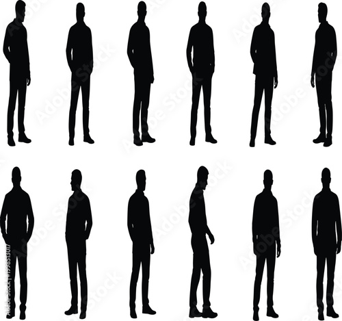 Collection of twelve standing human silhouette poses in various orientations, depicting different stances and perspectives for design, animation, and artistic reference