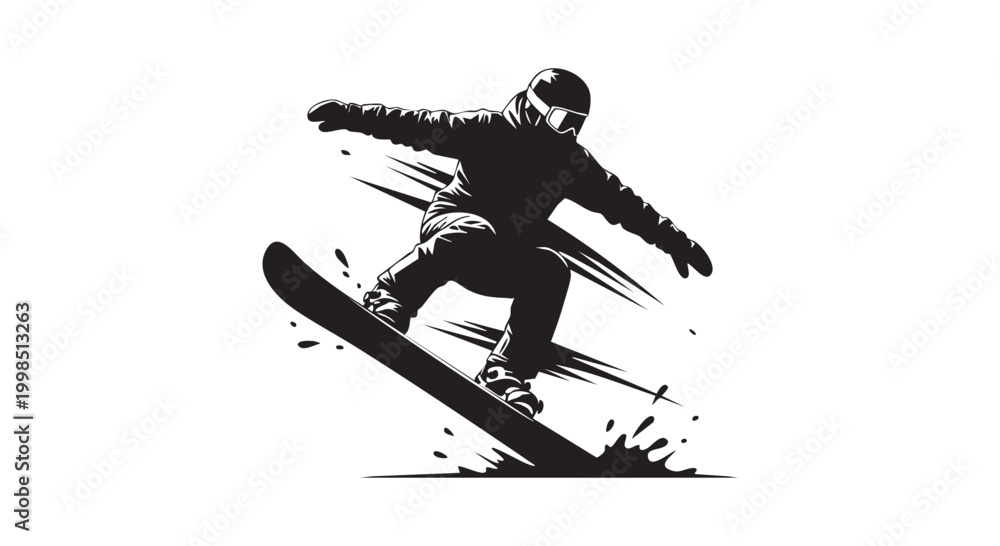 Naklejka premium Snowboarder jumping in air performing trick with speed lines and snow spray effect in dynamic black silhouette art.