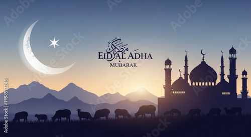 Eid al-Adha Mubarak landscape with crescent moon mosque sheep and mountains at sunset Islamic holiday greeting