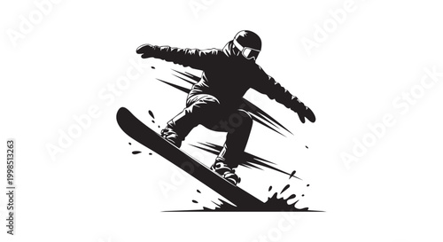 Snowboarder jumping in air performing trick with speed lines and snow spray effect in dynamic black silhouette art.