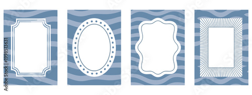 Collection of Four Blue Wavy Background Frames with Decorative White Borders vector illustration