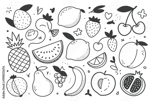 Hand Drawn Doodle Style Assortment of Fruits and Berries with Leaves and Hearts food