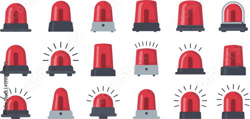 Collection of Red Flashing Warning Lights and Sirens on White Background alarm alert