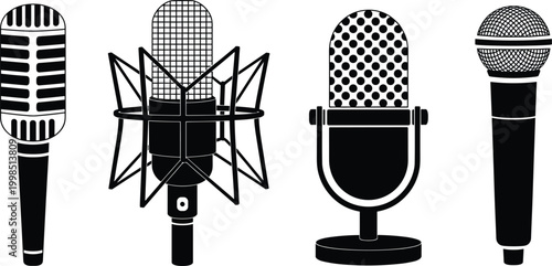 Microphone silhouettes collection featuring vintage studio and handheld audio recording equipment