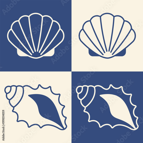 Sea shell icon set with scallop and conch seashell collection marine beach coastal ocean symbols nautical summer decorative illustration pack poster elements vintage seaside decor art