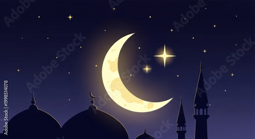 Crescent moon and stars over mosque silhouette Ramadan night sky illustration Islamic cultural background for celebration and worship