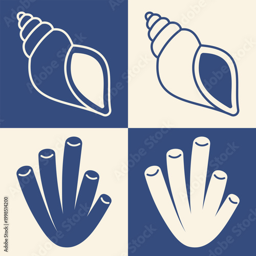 Sea shell icon set with conch shell and coral reef shapes marine beach coastal ocean symbols nautical summer decorative illustration collection poster seaside elements