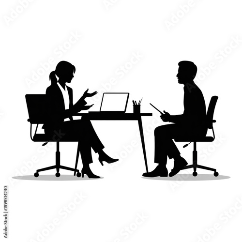 Business meeting silhouette with coworkers at office desk, job interview or professional consultation concept, vector