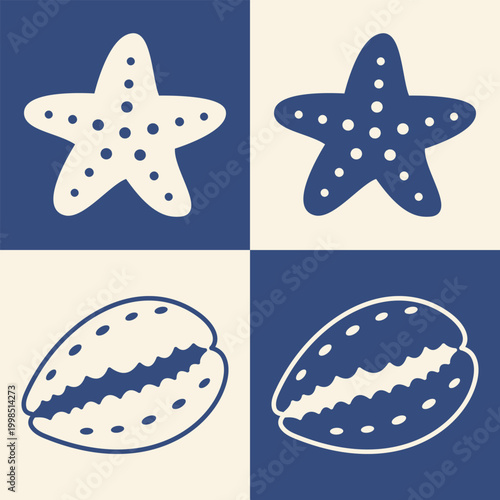 Sea shell icon set with starfish and cowrie shell marine beach coastal ocean symbols nautical summer decorative illustration collection poster seaside tropical elements