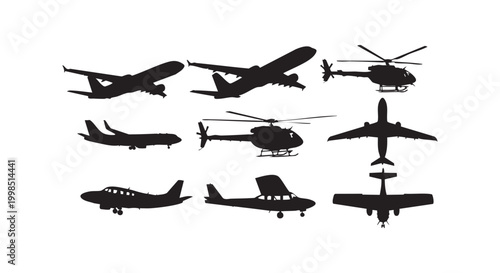 Various airplanes and helicopters silhouettes set collection isolated on white background flat vector graphic icons set.