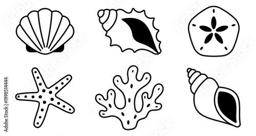 Sea shell and marine icon set with scallop conch sand dollar starfish coral spiral shell ocean beach coastal tropical nautical symbols black illustration collection pack