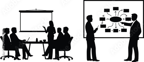 Business meeting and presentation silhouettes showing teamwork brainstorming and corporate collaboration environment