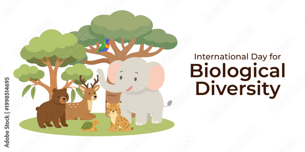 Fototapeta premium Cute animals in forest banner for International Day for Biological Diversity, flat illustration with nature theme, International Day for Biological Diversity concept for eco awareness