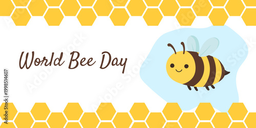 Cute bee with honeycomb banner for World Bee Day, minimal flat design with yellow hexagon pattern, World Bee Day concept for eco awareness and holiday greeting visuals