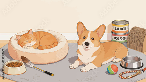 Cute dog and cat resting together