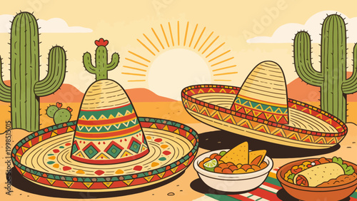 Desert scene with sombreros and food
