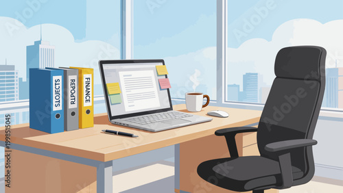 Office desk with laptop and city view