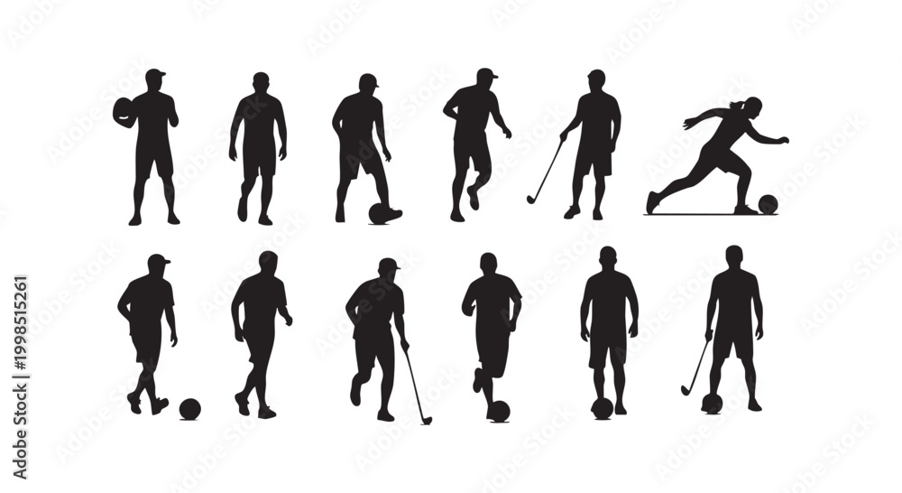 Fototapeta premium Collection of active people silhouettes engaged in sports activities including soccer football and golf players.