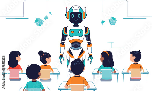 Robot teacher educating children in classroom artificial intelligence learning vector illustration